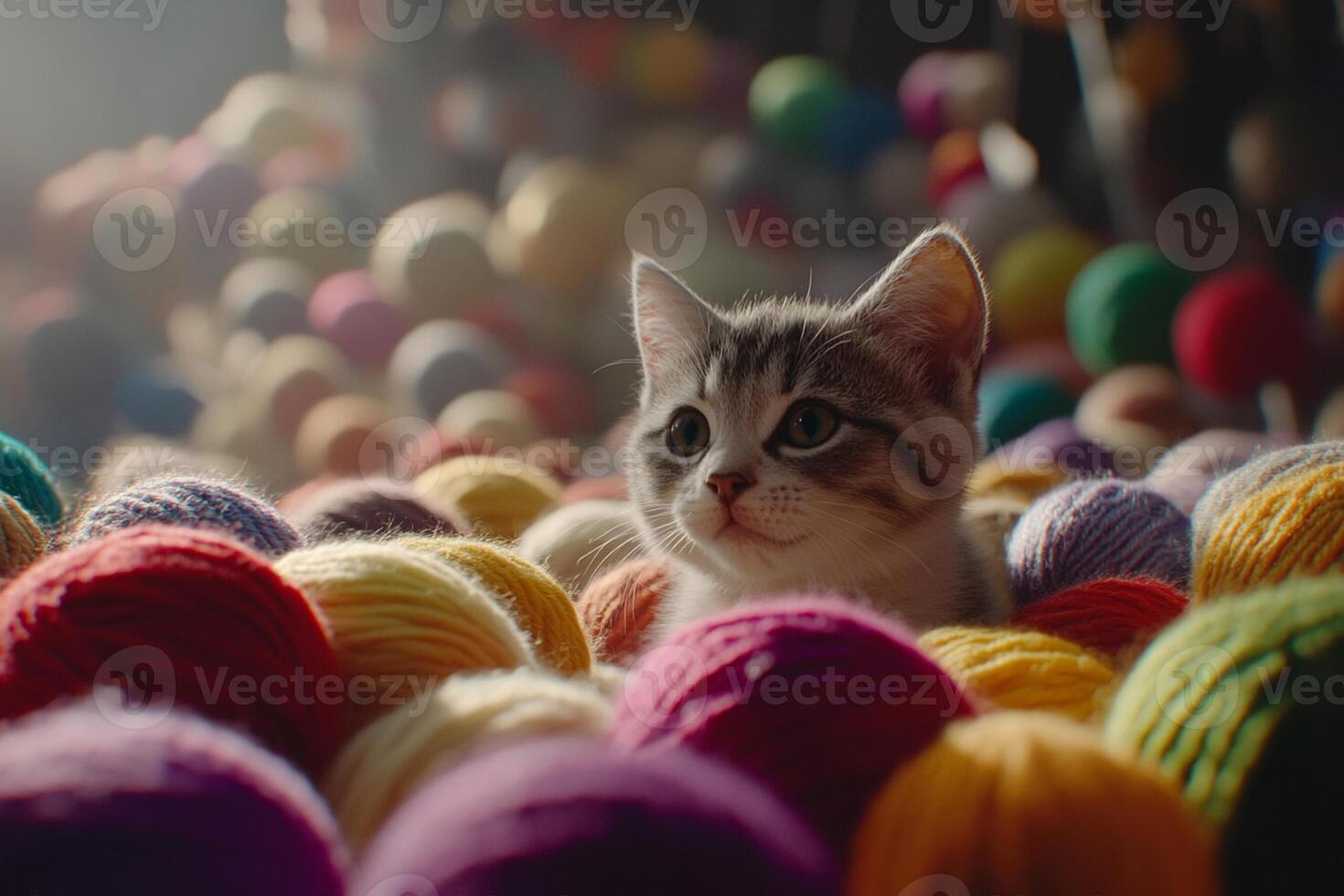 A kitten is sitting in a ball of yarn photo