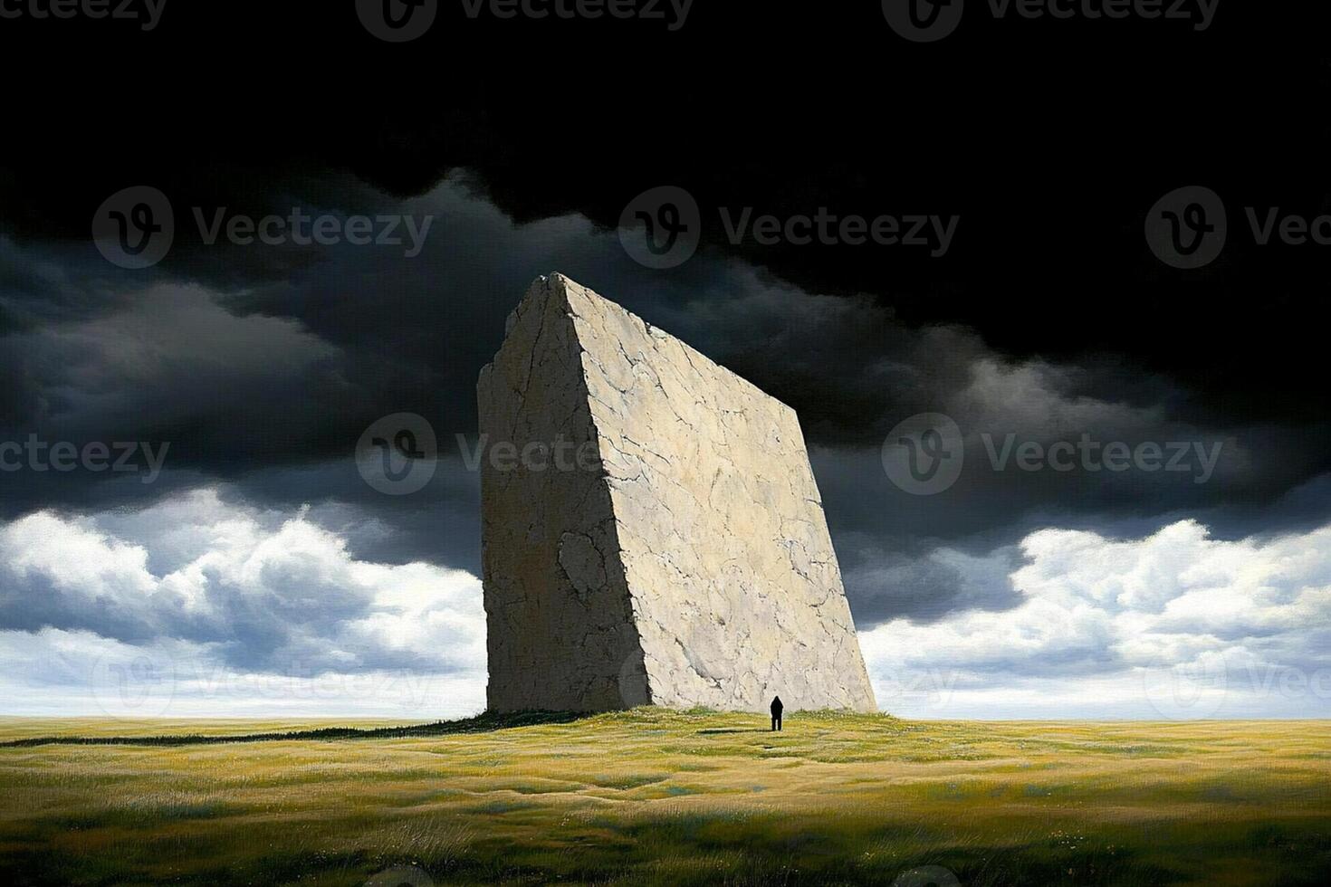 A painting of a large stone in the middle of a field photo