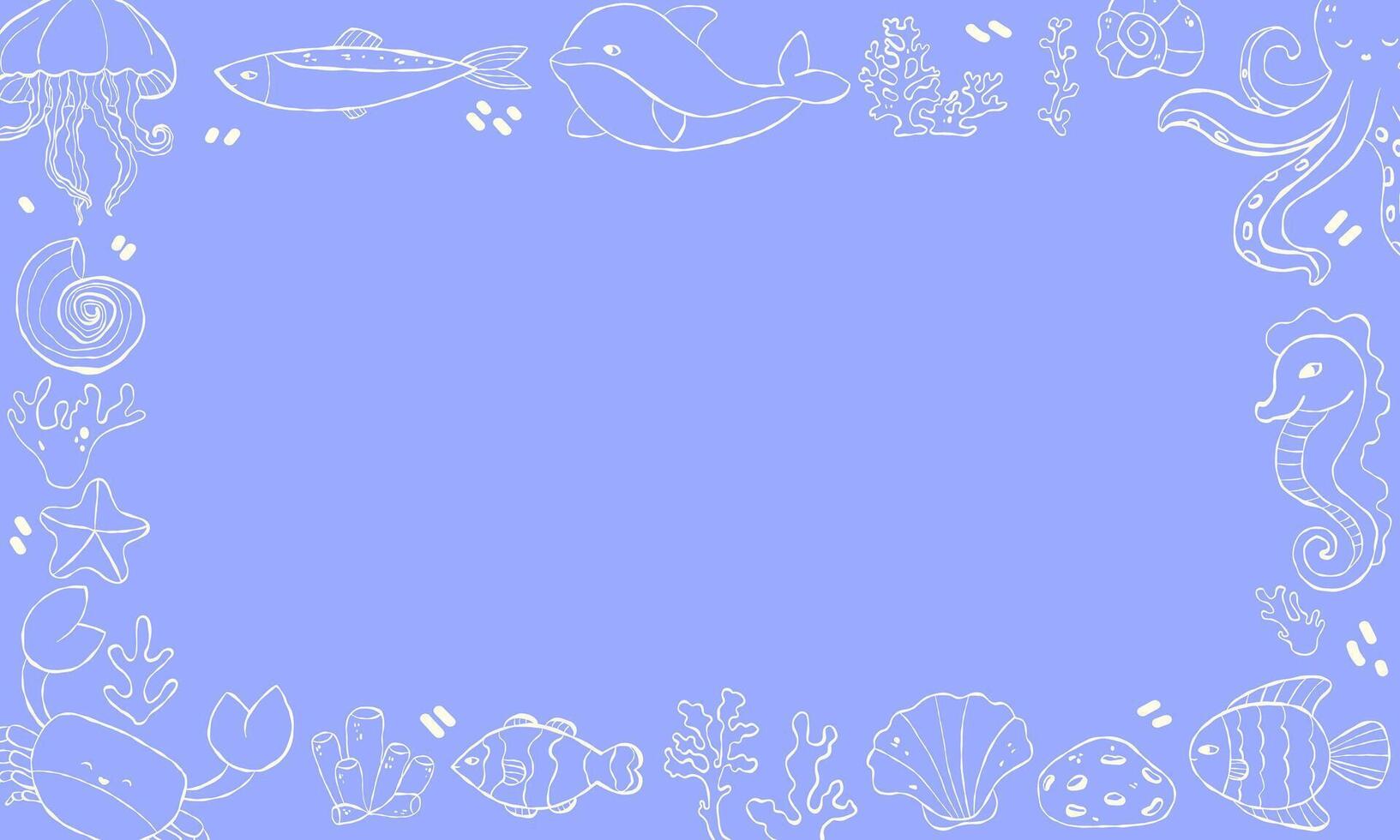 Horizontal banner with hand-drawn doodles of marine animals and plants vector
