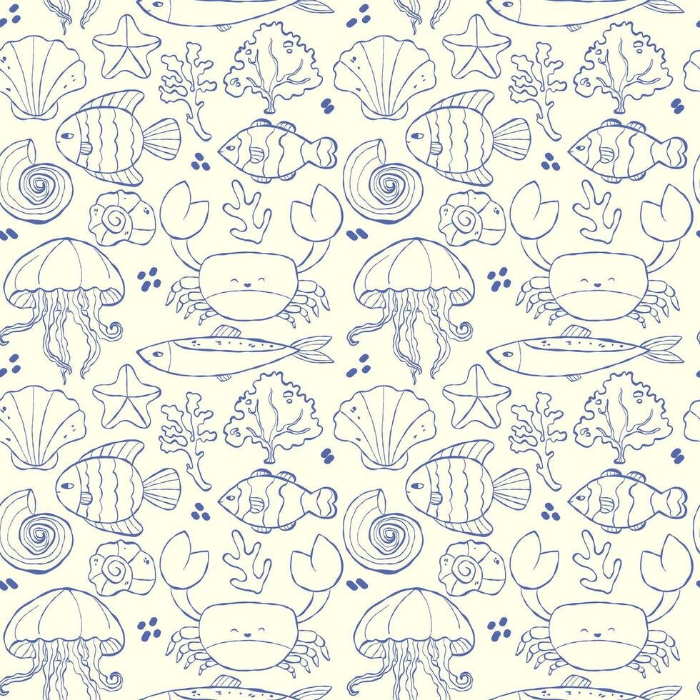 Seamless pattern with hand drawn doodles of marine animals and plants vector