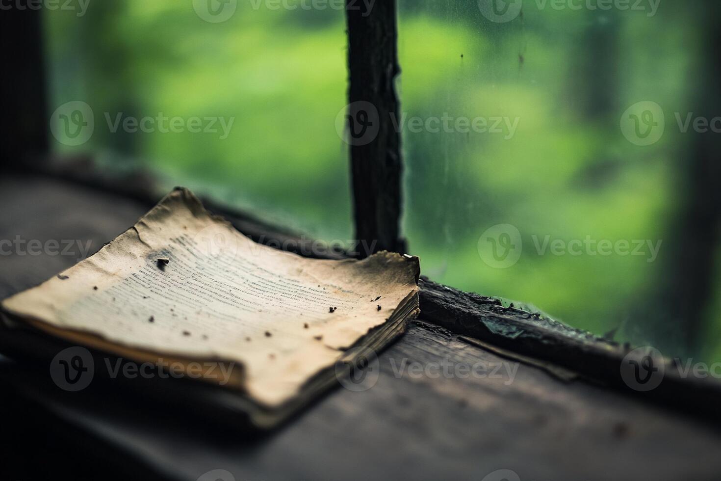 An old book sits on a window sill photo