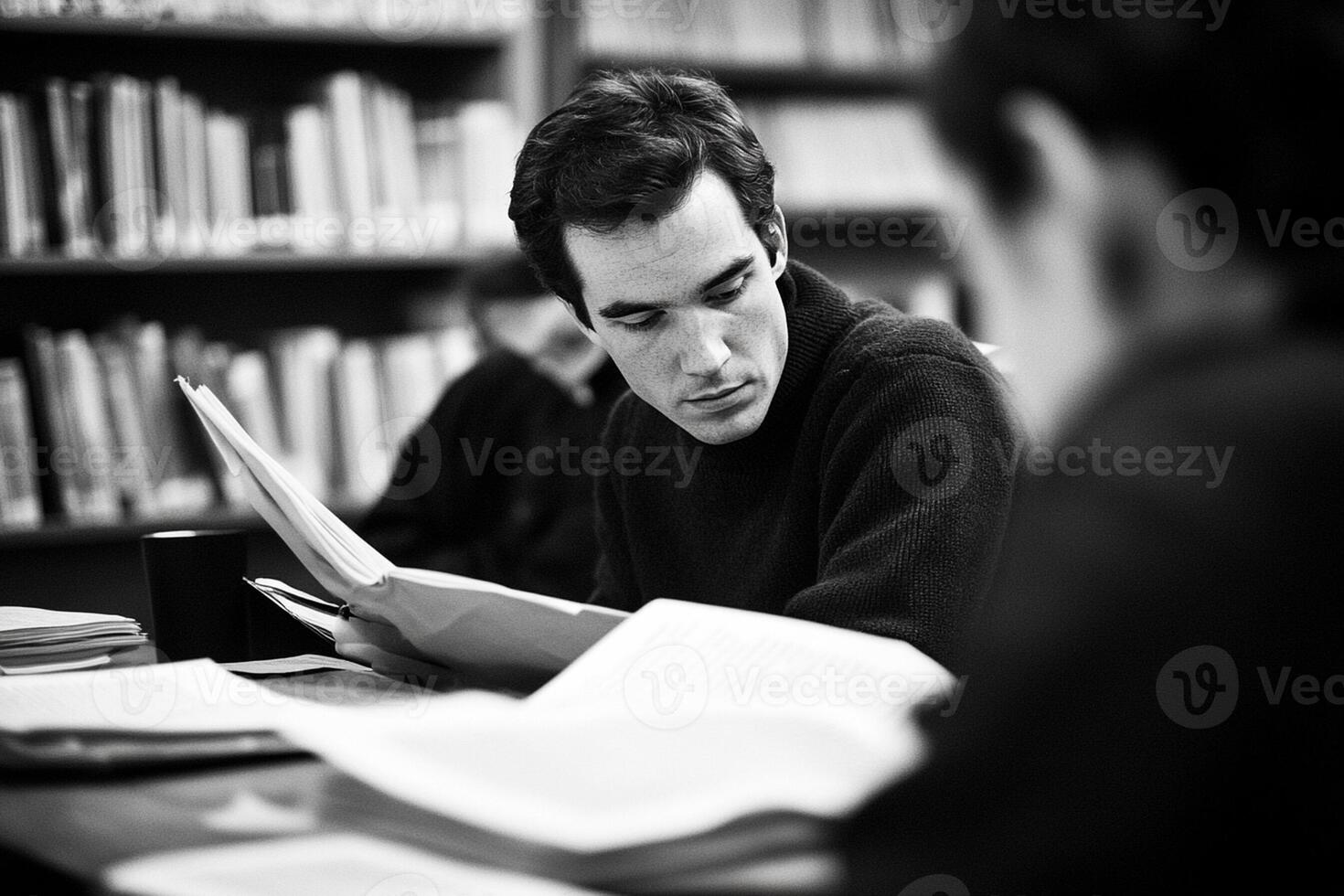 A man reading in a library photo