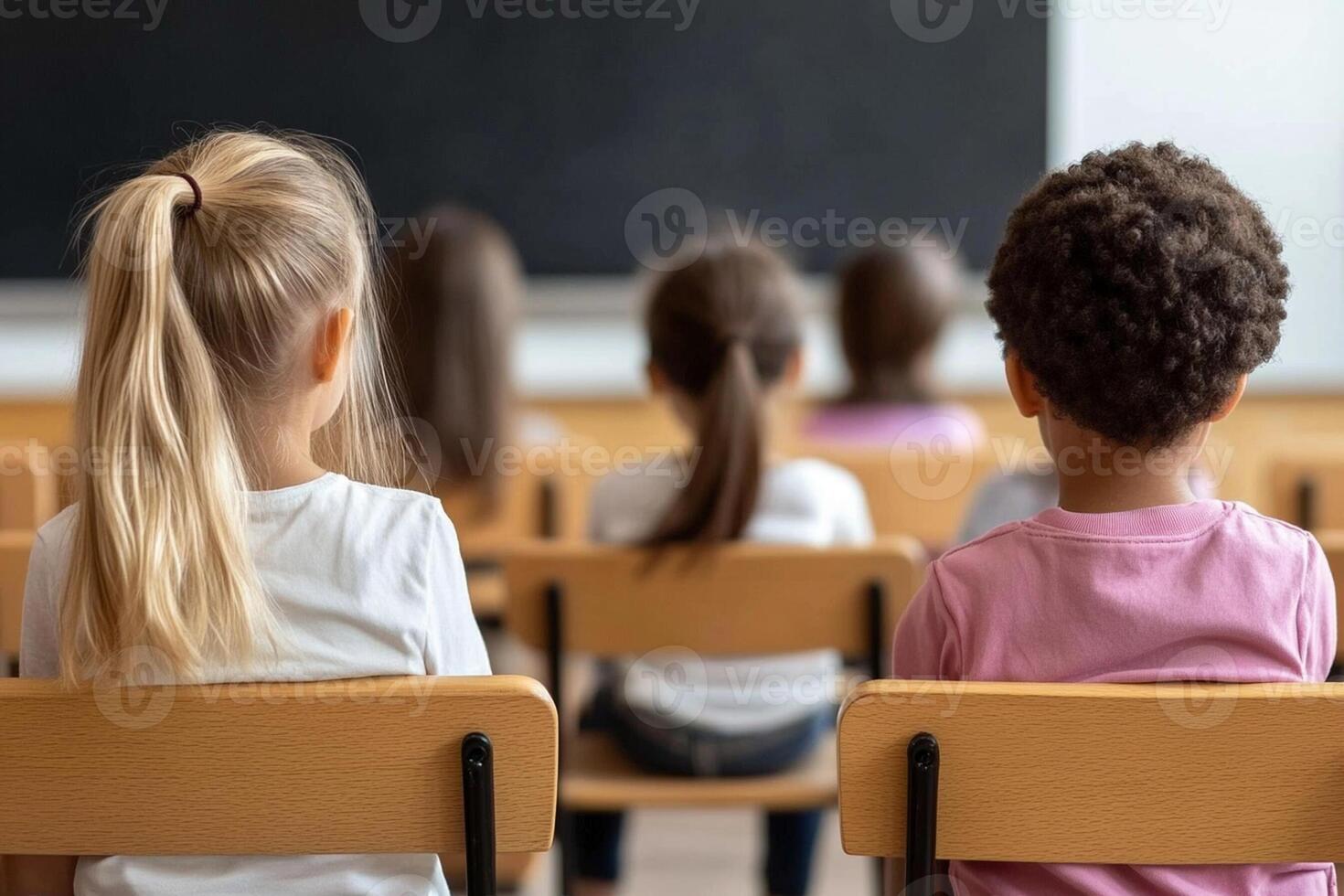 Children sitting in front of a blackboard in a classroom photo