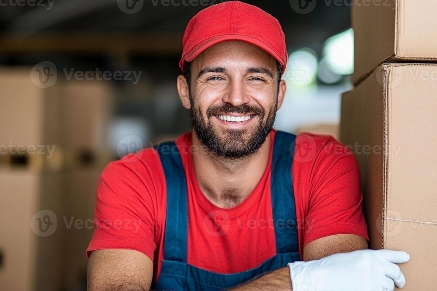 A smiling man in a red hat and overalls is standing in front of boxes photo