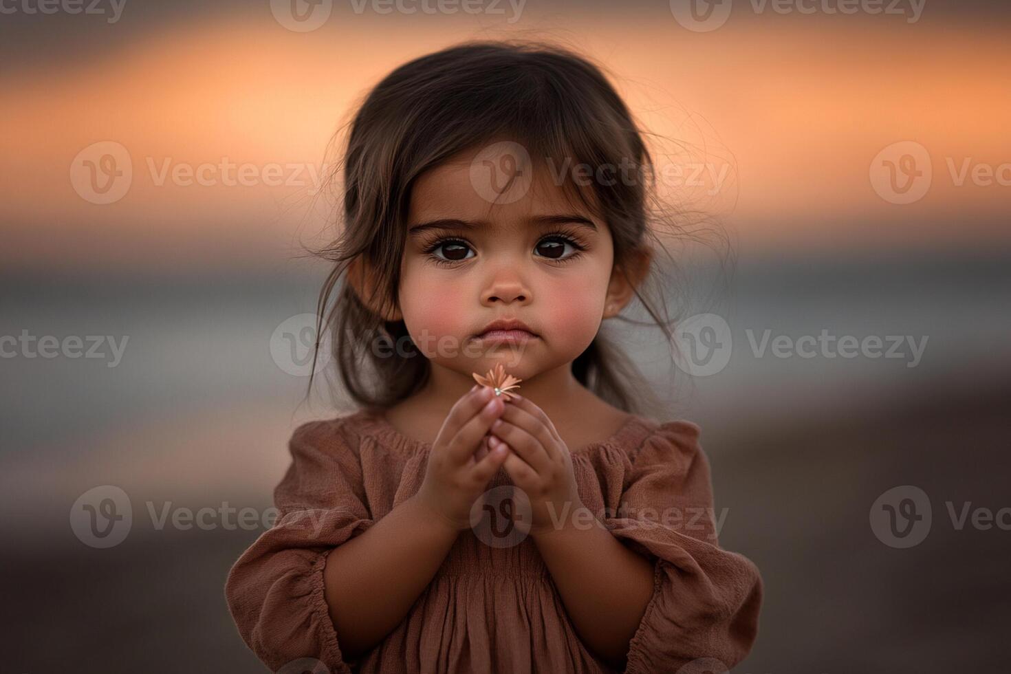 A little girl is standing on the beach with her hands folded photo