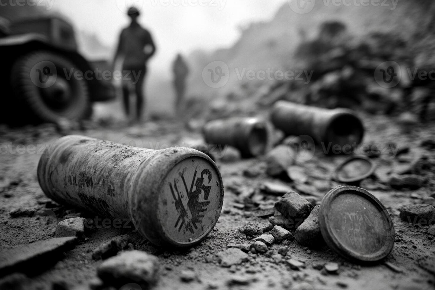 A black and white photo of empty beer cans on the ground