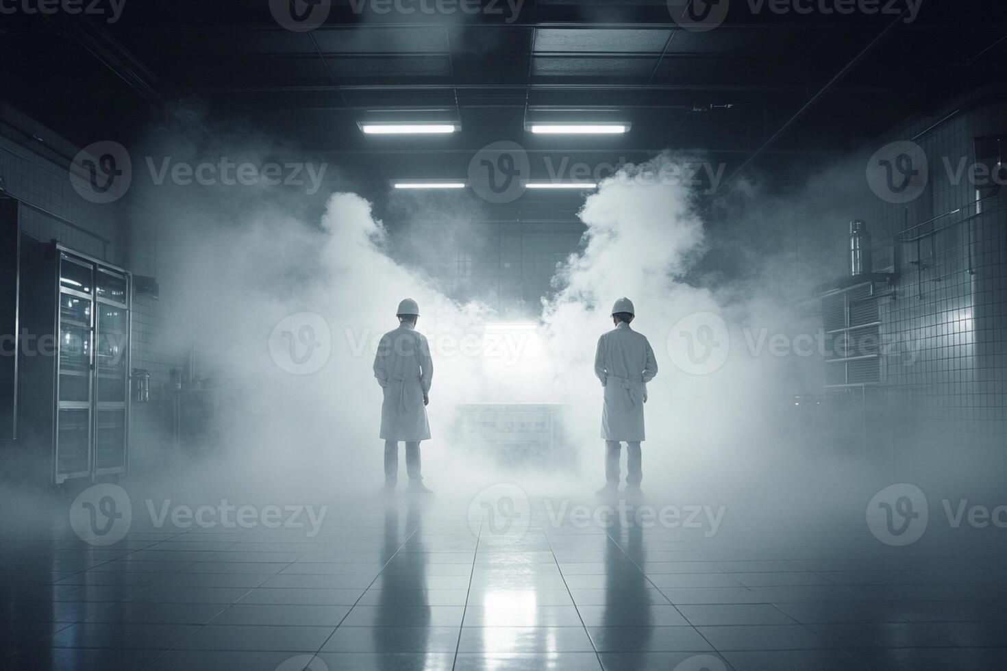 Two men in a factory with smoke coming out of the ceiling photo