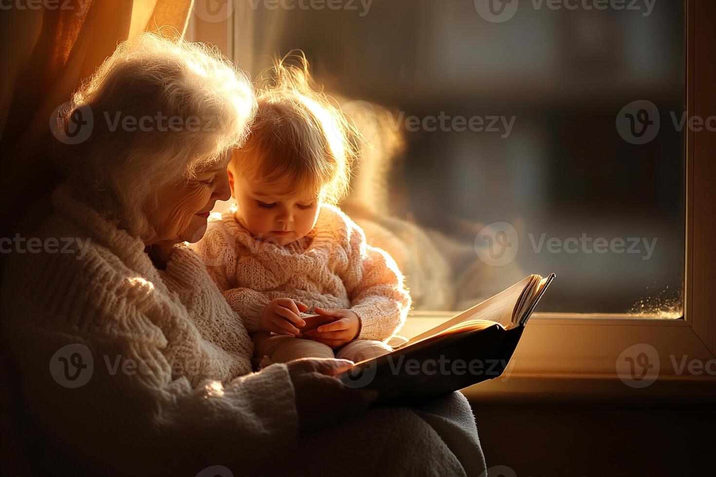 An older woman and a young child sitting on a window sill photo