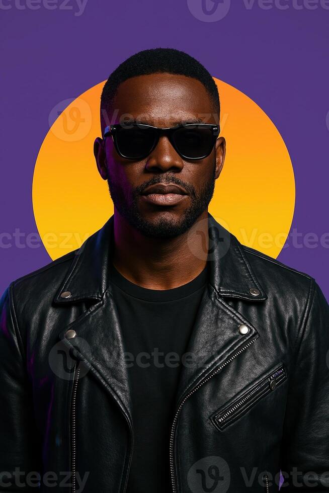 Portrait of African American Man in Sunglasses and Leather Jacket Against Purple Background with Sunset Gradient Circle photo