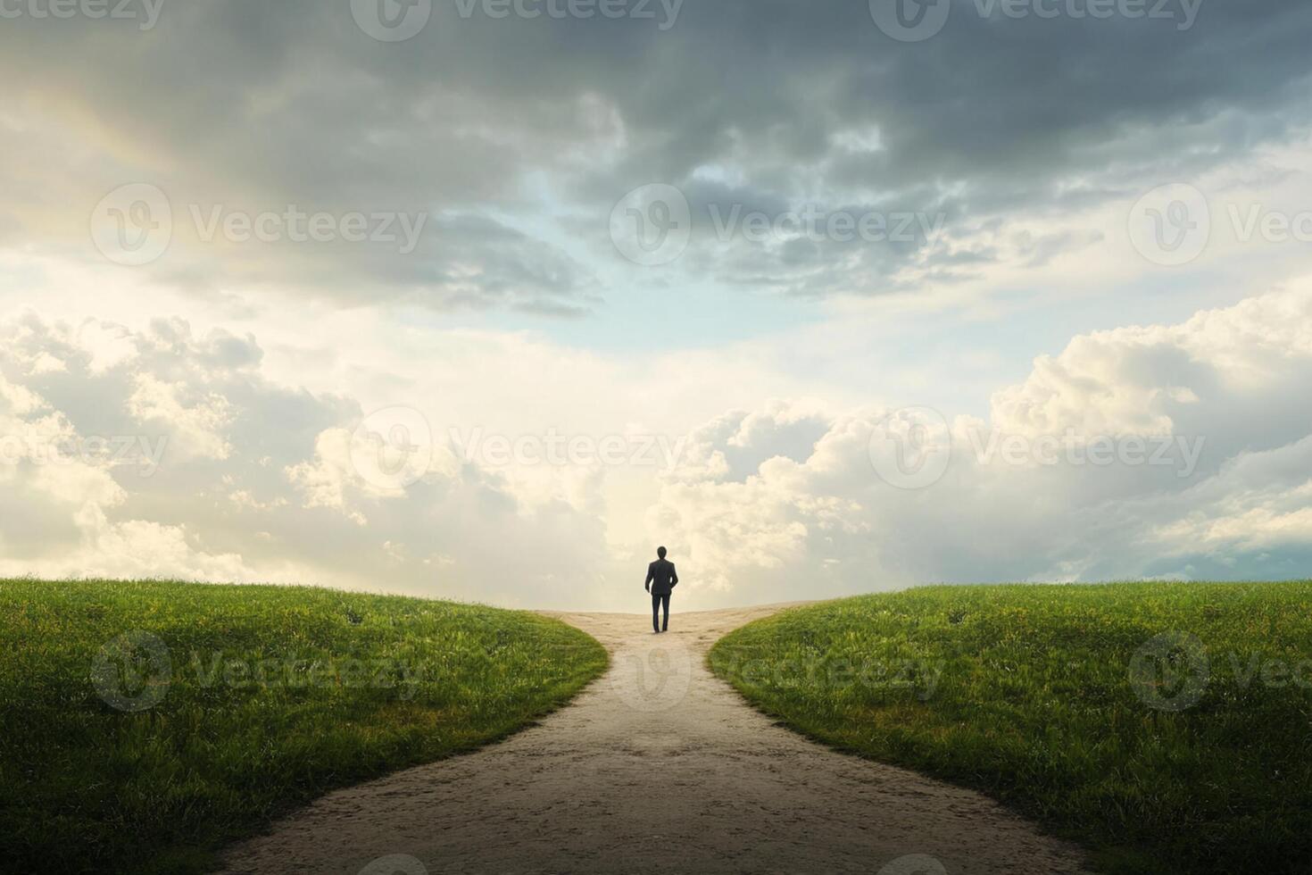 A man walking down a path in a field photo