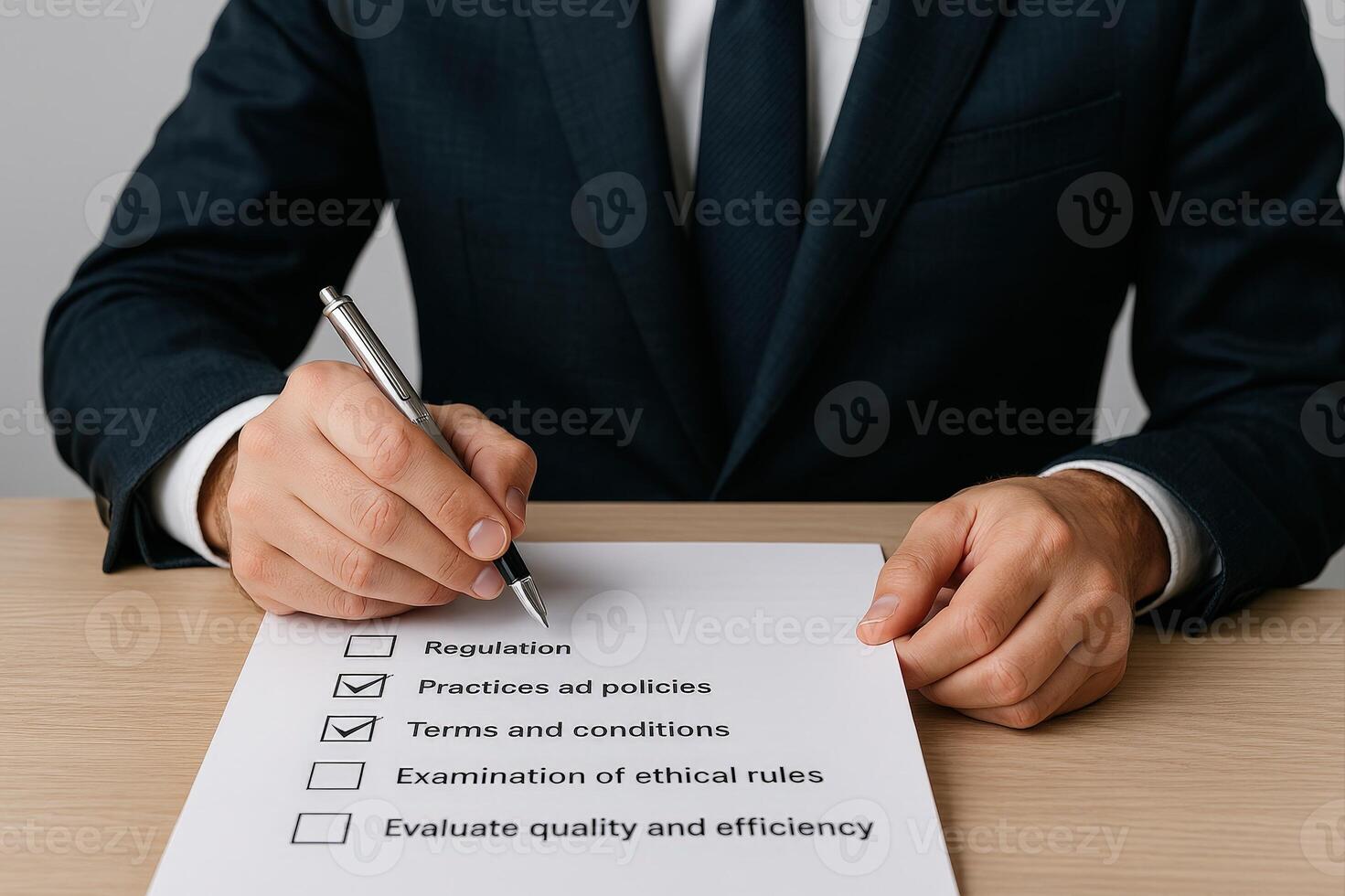 Businessman Checking Steps on Document with Checkboxes for Regulation, Practices, Terms, Conditions, Ethical Rules, Quality, and Efficiency Evaluation photo