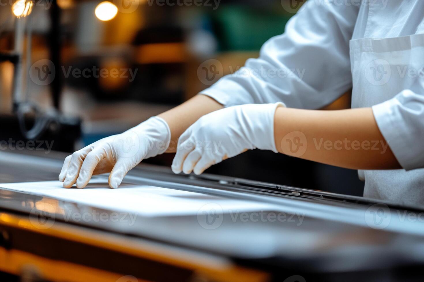 A person in white gloves working on a piece of paper photo