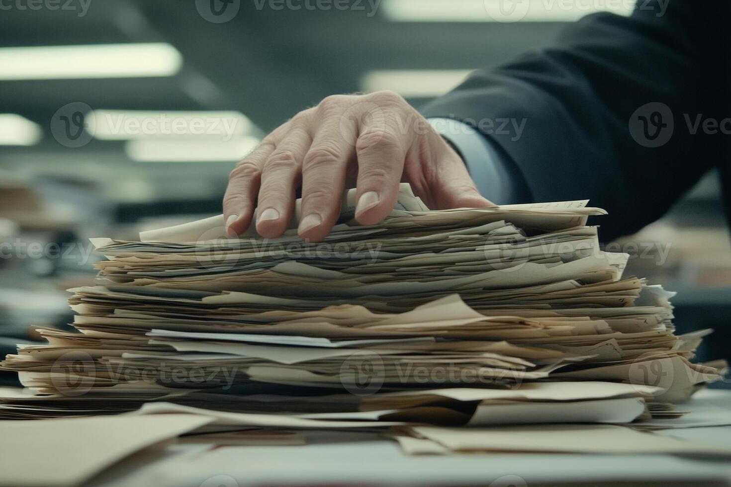 A person in a suit is holding a stack of papers photo