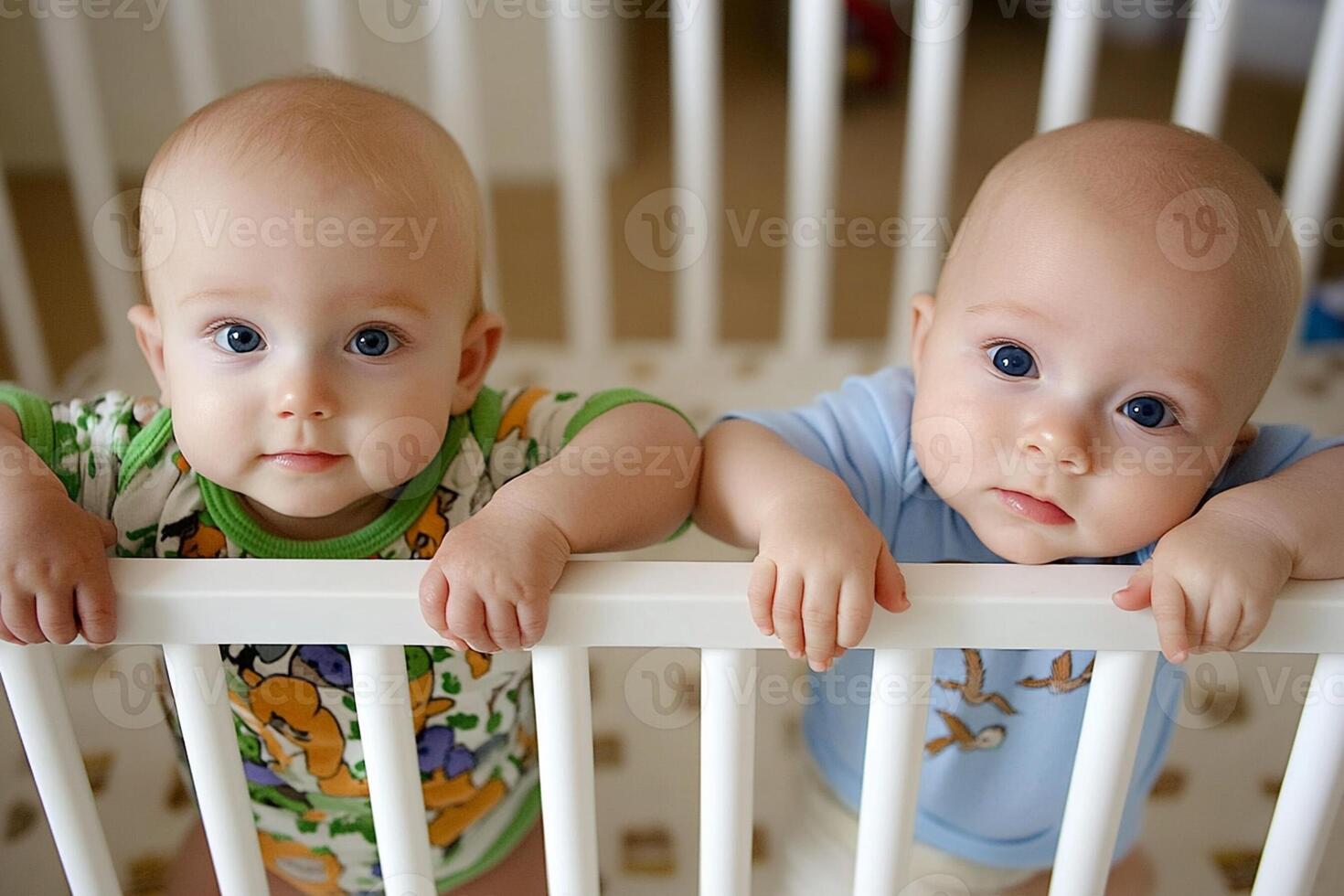 Two babies in a crib looking over the rail photo