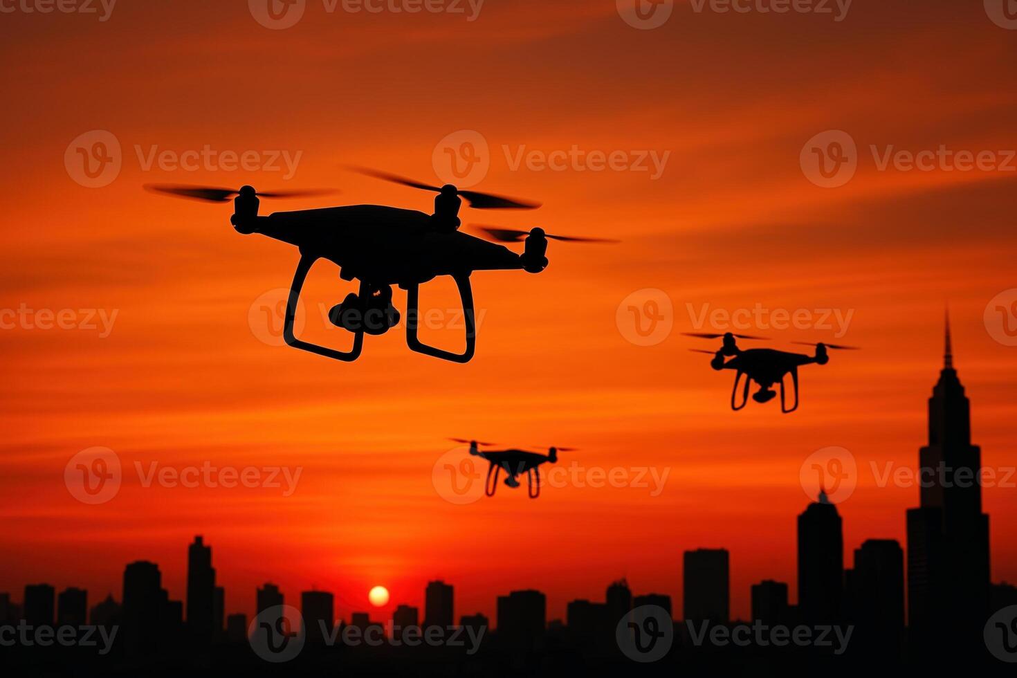 Drones Flying Over City Skyline During Vibrant Sunset Silhouette Capturing Urban Landscape in Warm Hue Evening Technology Aerial View photo
