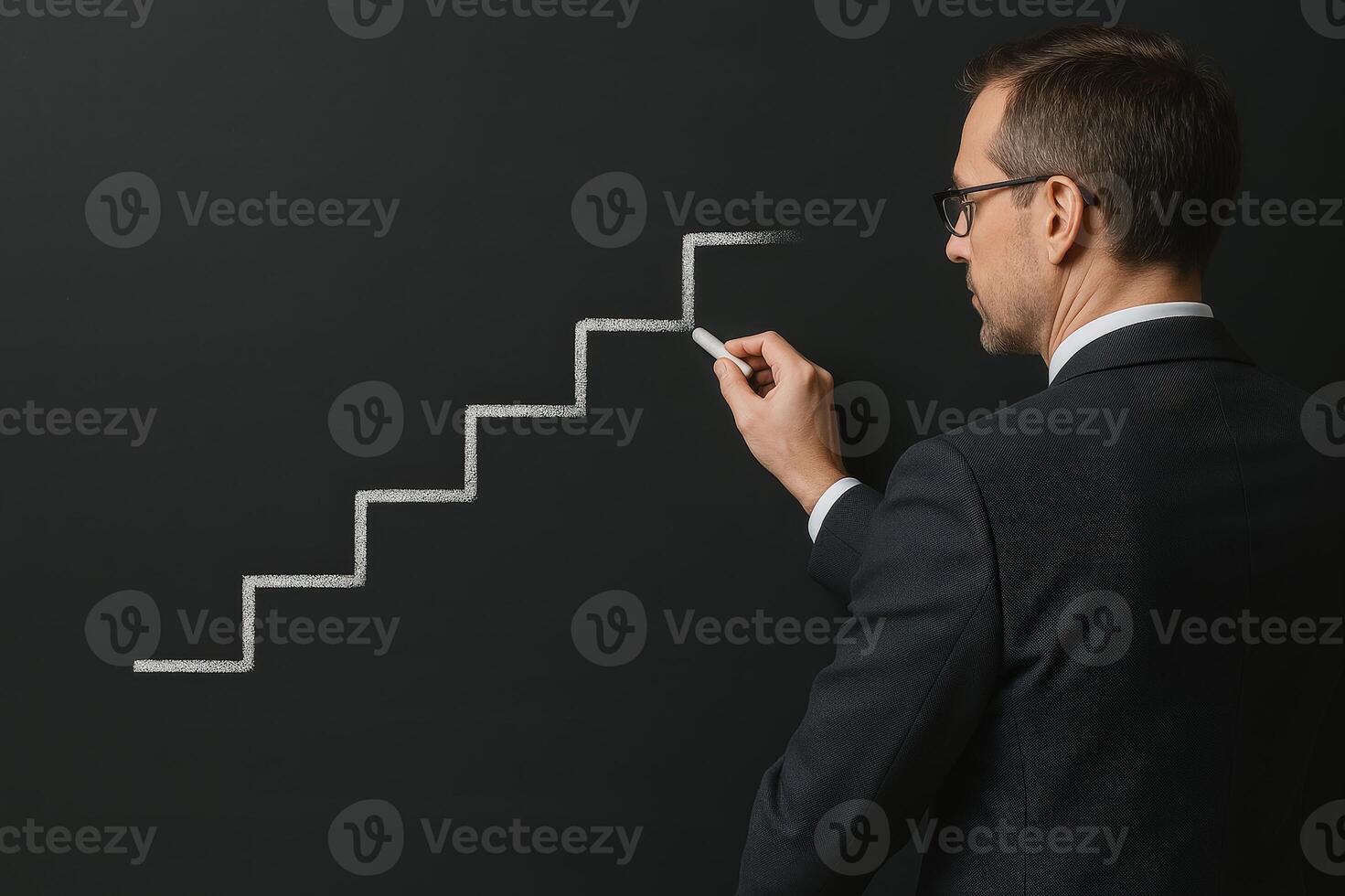 Businessman Drawing Steps to Success on Chalkboard in Modern Office Setting photo