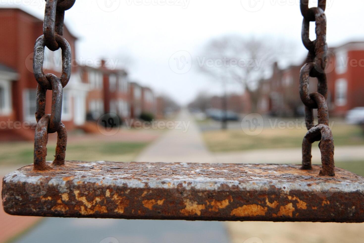 A rusty swing hanging from a chain in a residential neighborhood photo