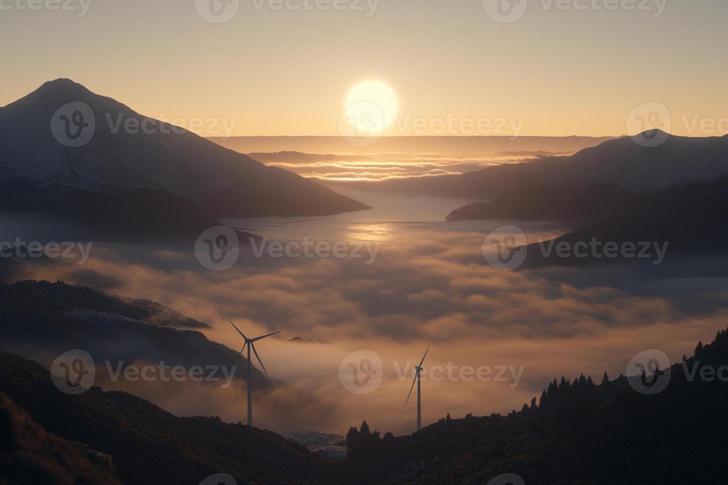 A view of wind turbines in the mountains at sunset photo
