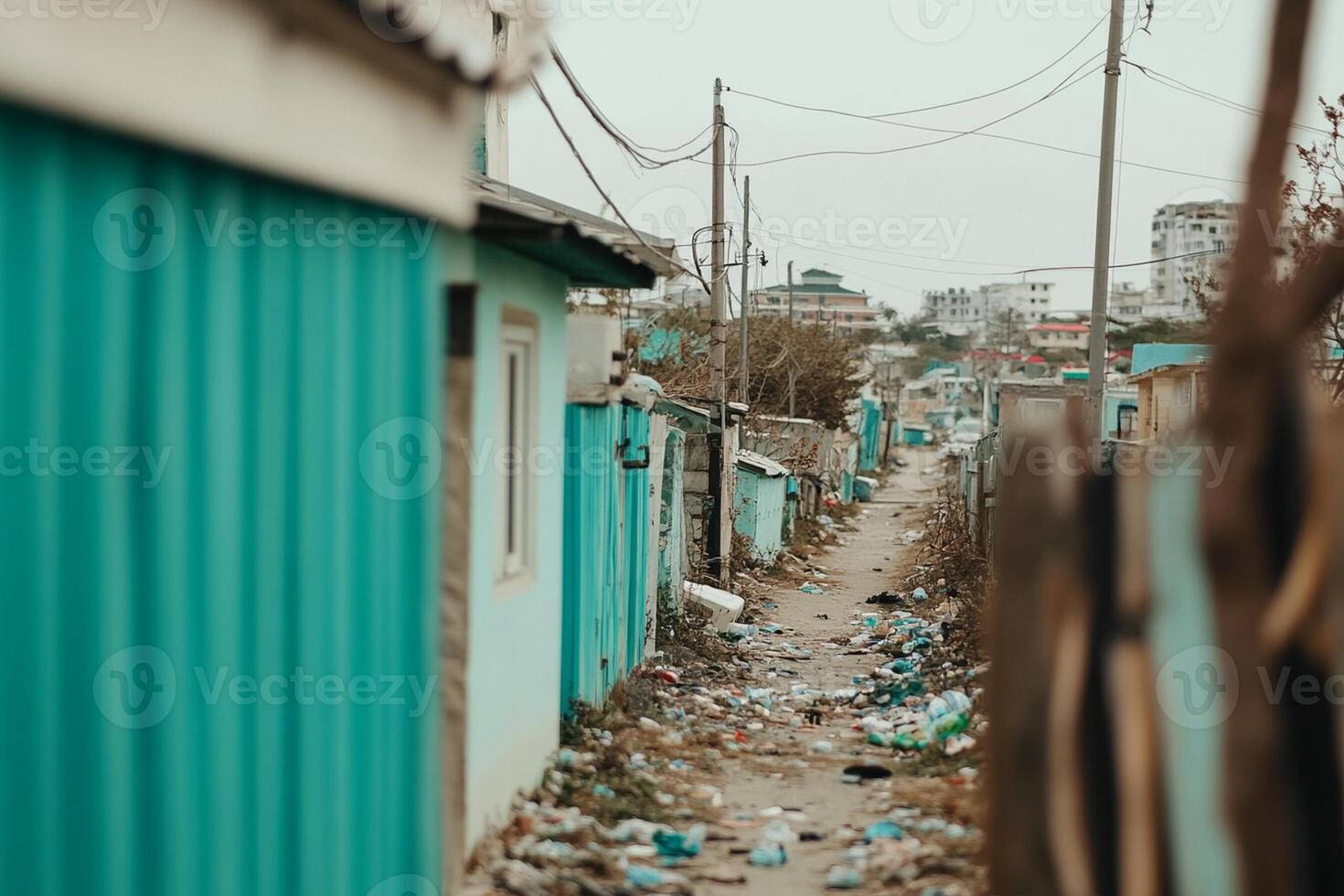 A narrow alley with trash and buildings photo