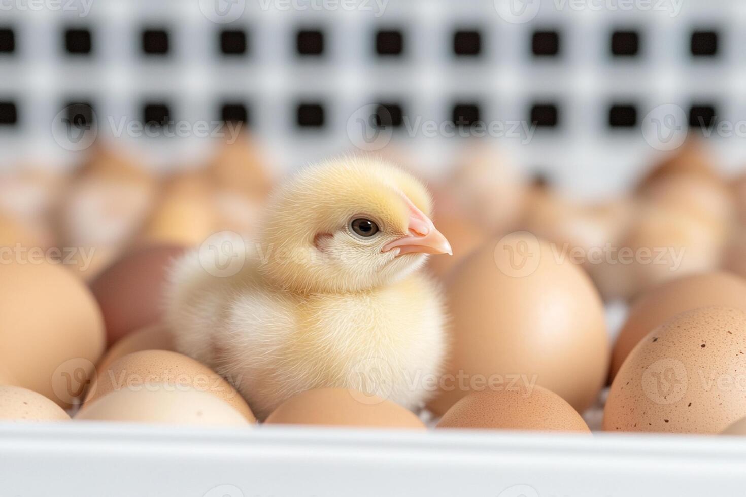 A small chicken is sitting in a basket of eggs photo