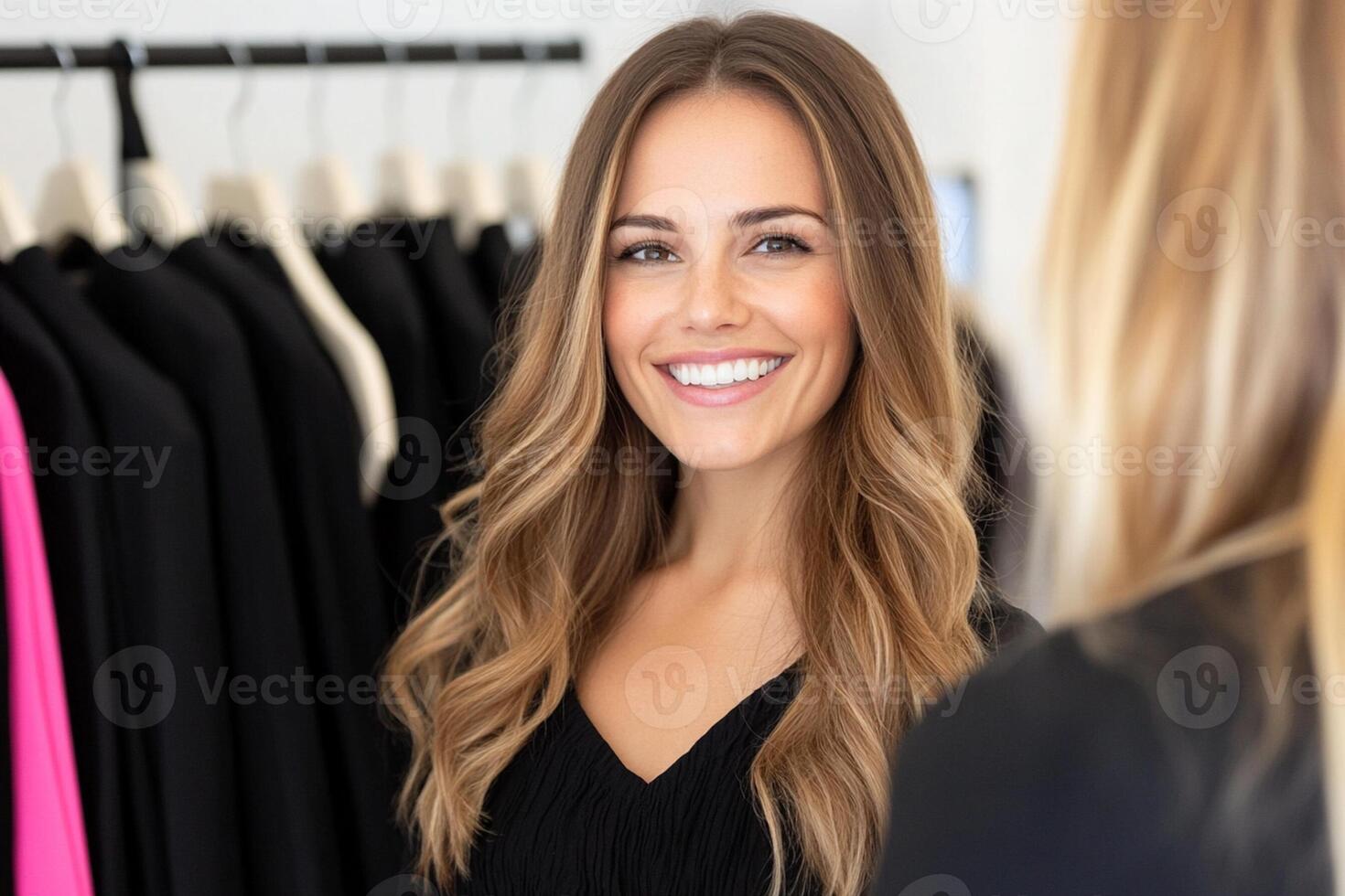 A woman is looking at a rack of clothes photo