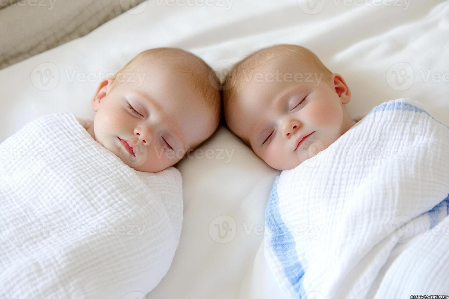 Two babies sleeping in a white blanket photo