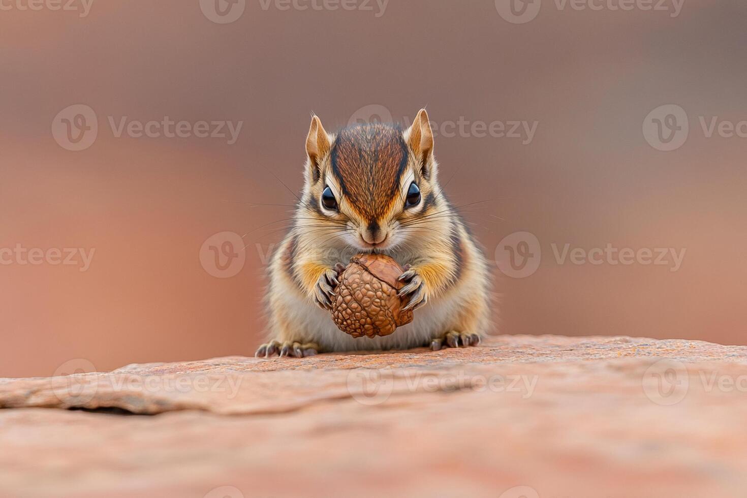 A chipmunk eating an acorn on a rock photo