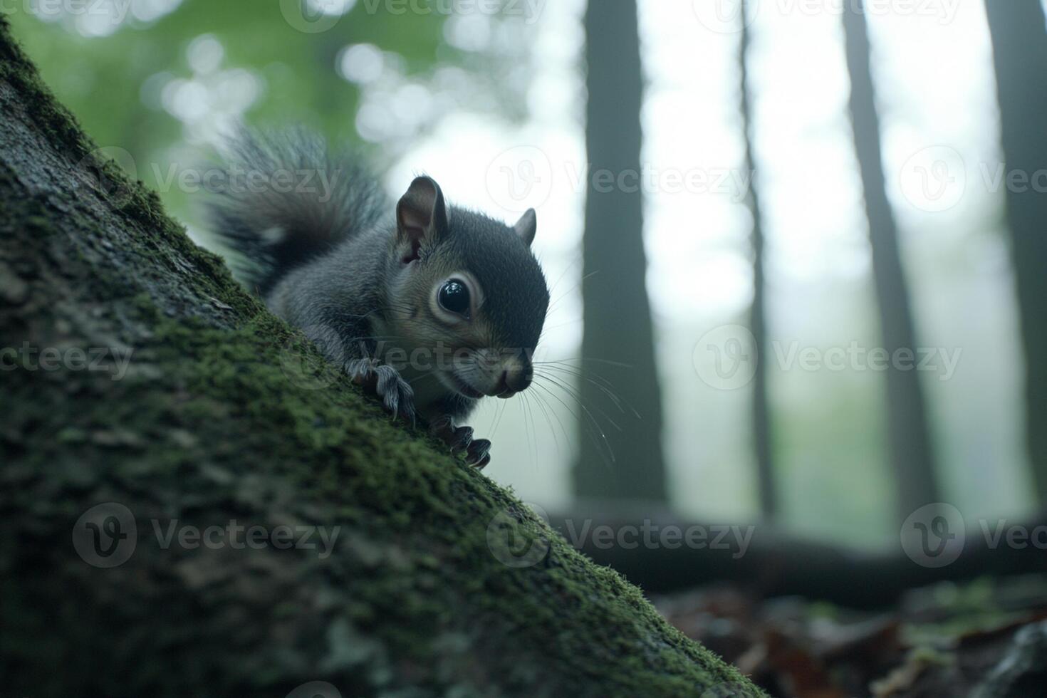 A squirrel is sitting on a tree trunk in the woods photo