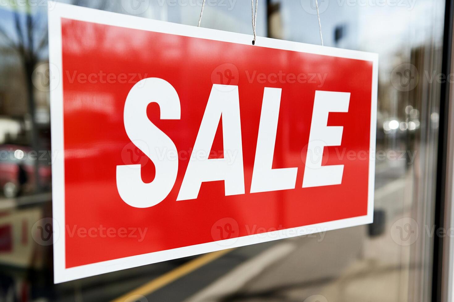 A sale sign hangs in front of a store window photo