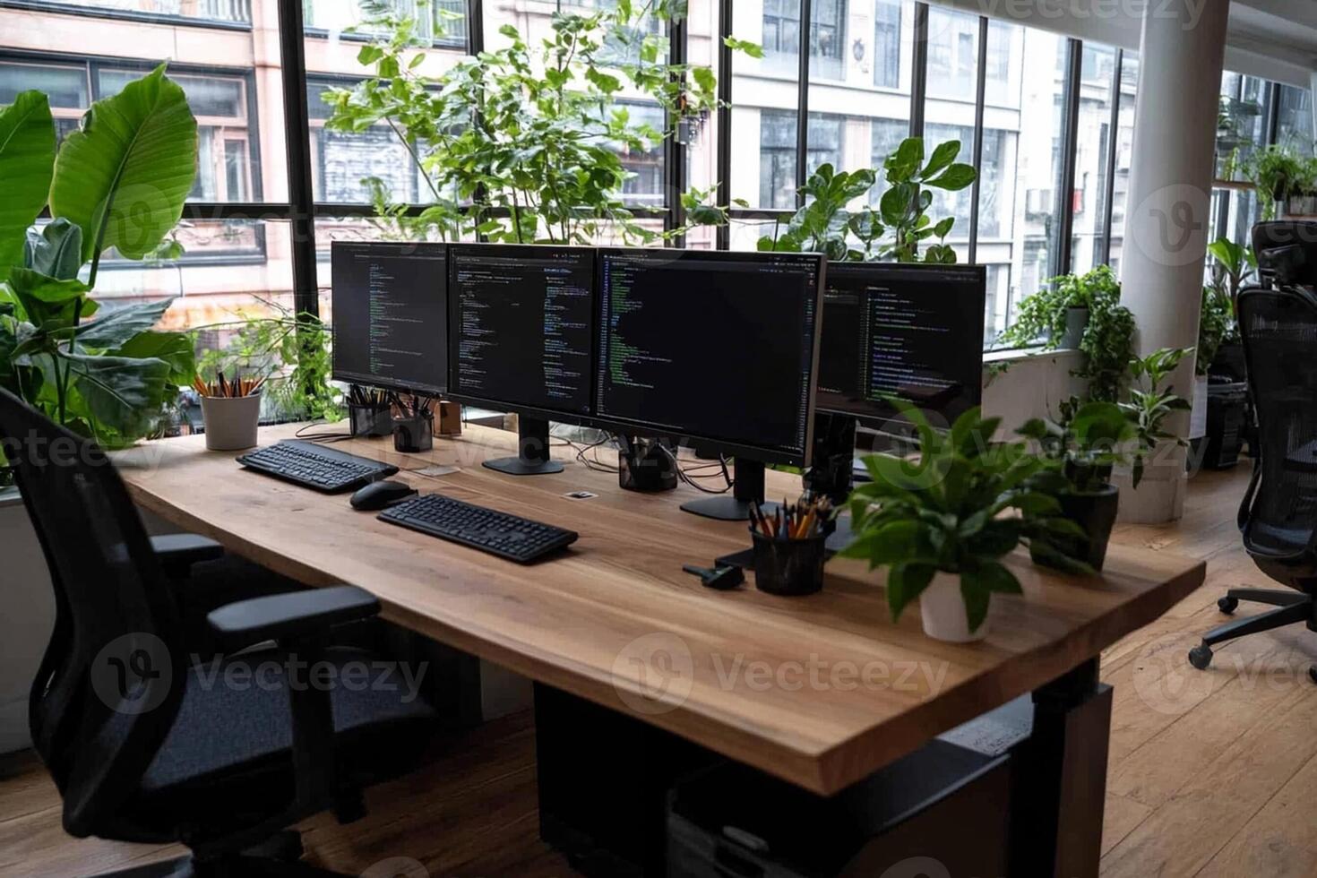 A desk with three computer monitors and a plant photo