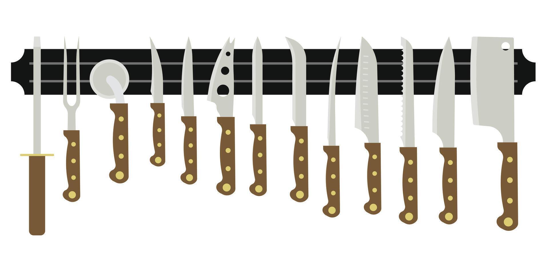 A set of kitchen knives. Knives of flat design with bright handles. Kitchen logo. vector