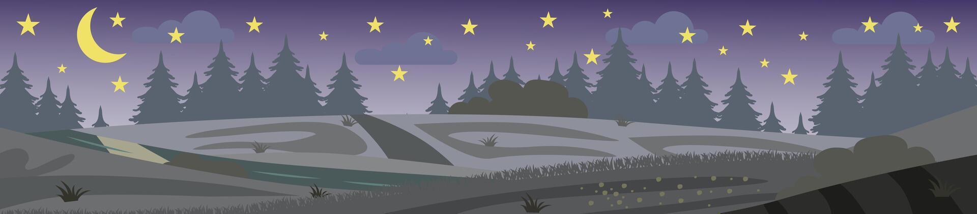 Beautiful landscape. Night hills. Bright colours. Background in flat cartoon style. vector
