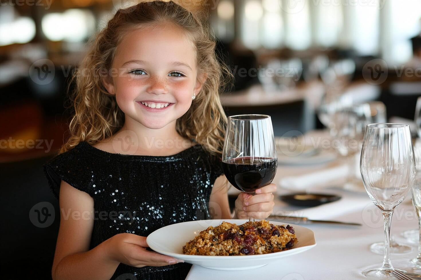 A little girl holding a glass of wine and a plate of food photo