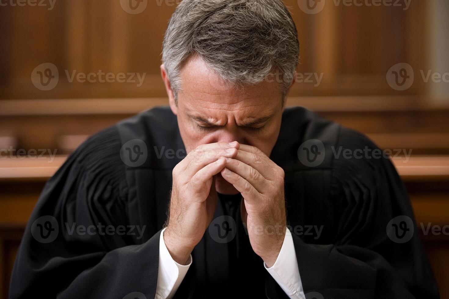 A judge is sitting in a courtroom with his hands on his face photo
