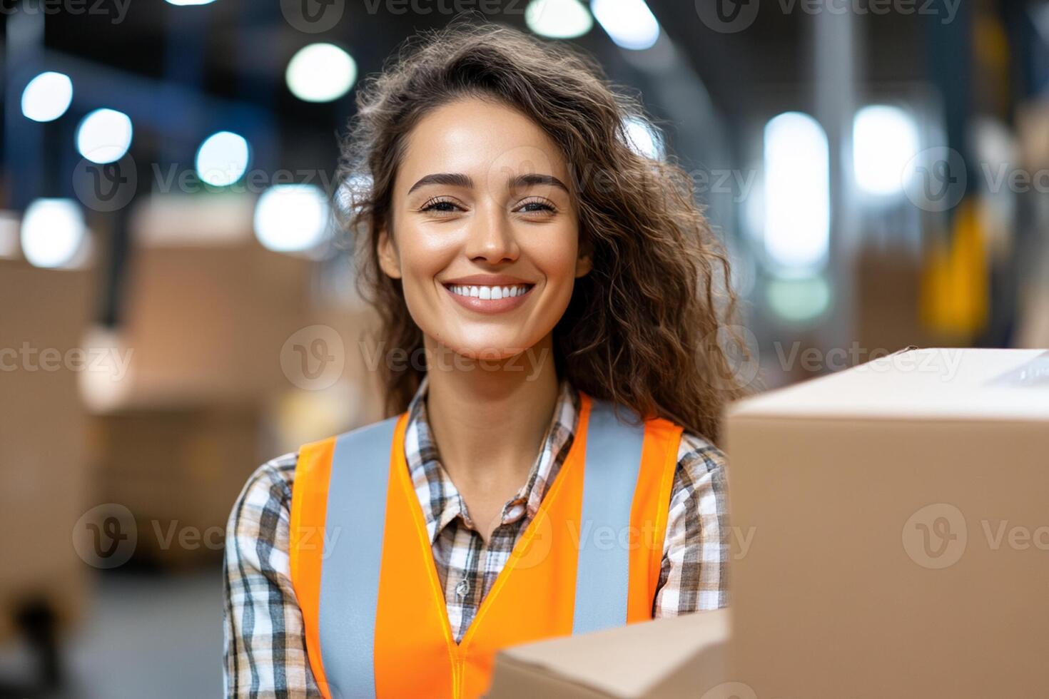 A smiling woman in an orange vest holding boxes photo