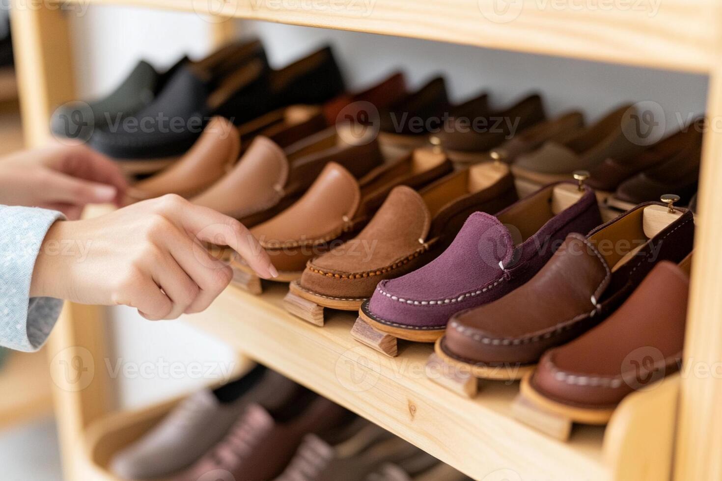 A person is choosing shoes from a shelf photo