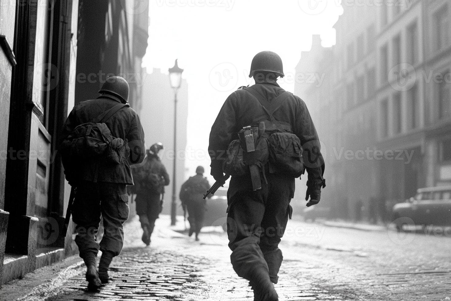 Two soldiers walking down a street in the fog photo