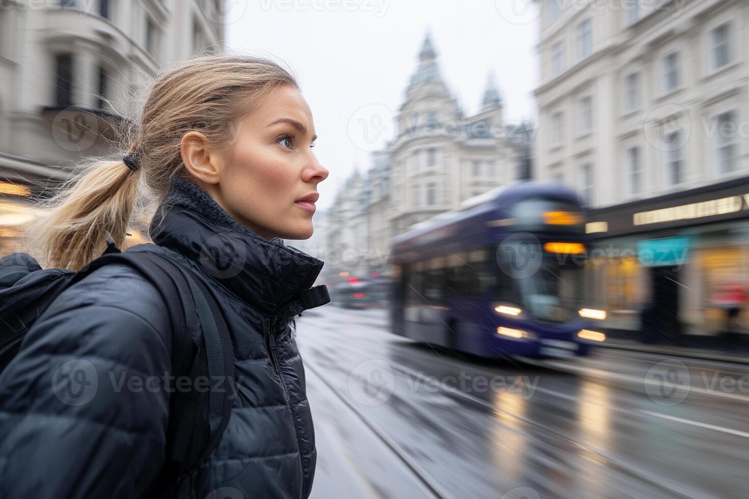 A woman walking in the rain with a bus in the background photo