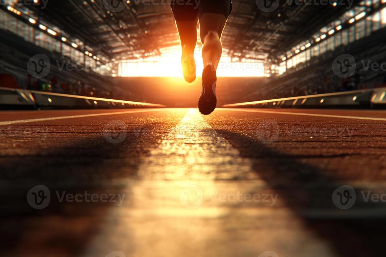 A person running on a track at sunset photo