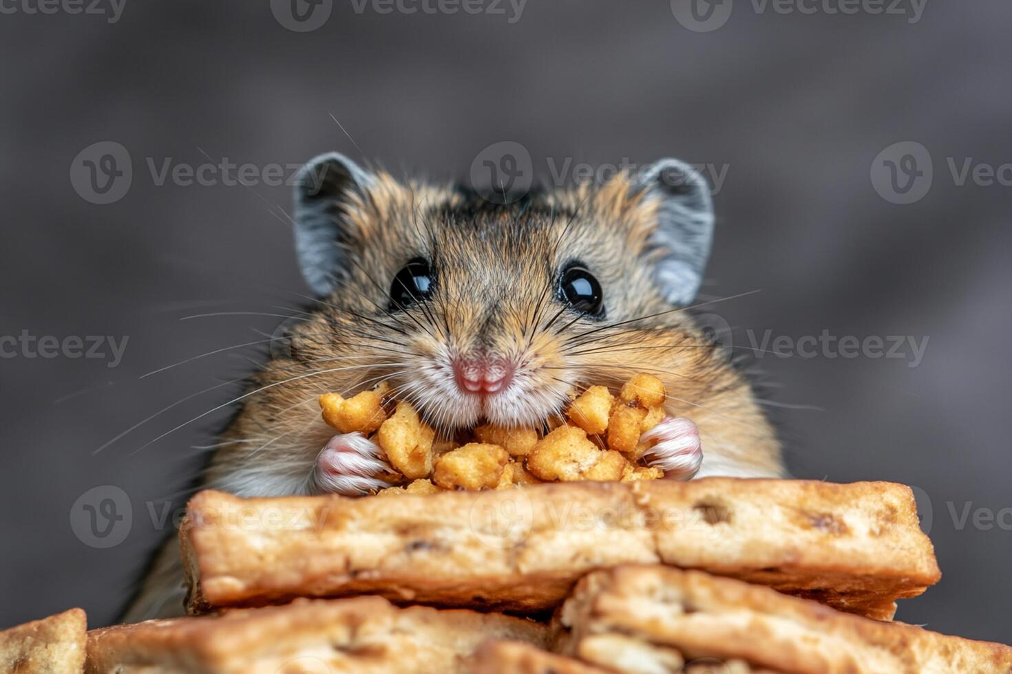 A hamster eating some food on top of some crackers photo