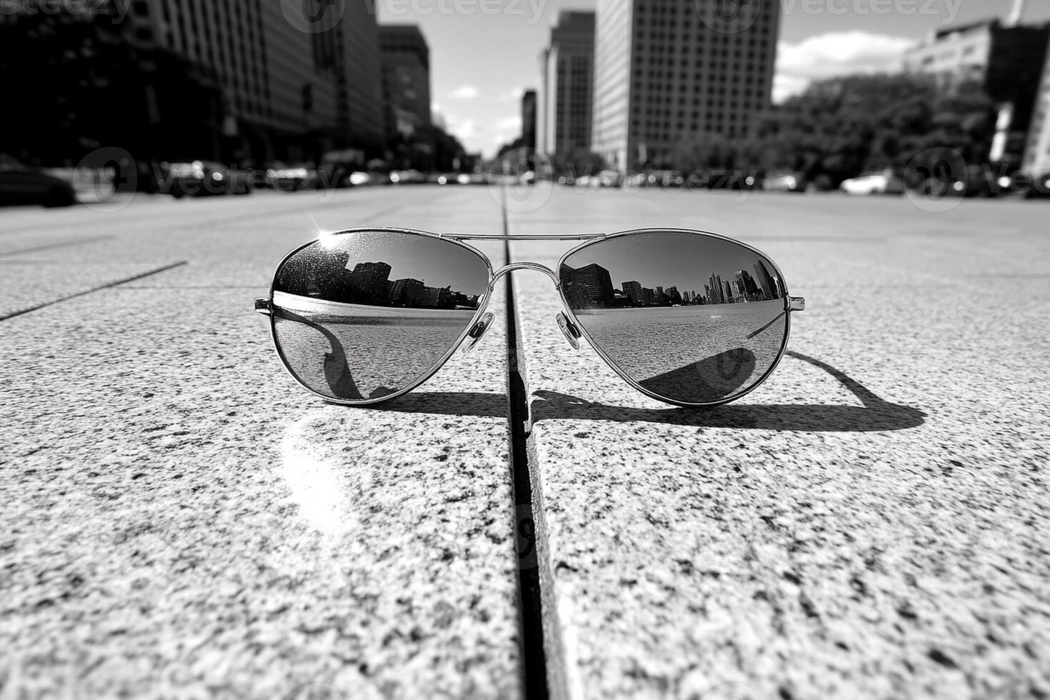 A pair of sunglasses on the ground in front of a city photo