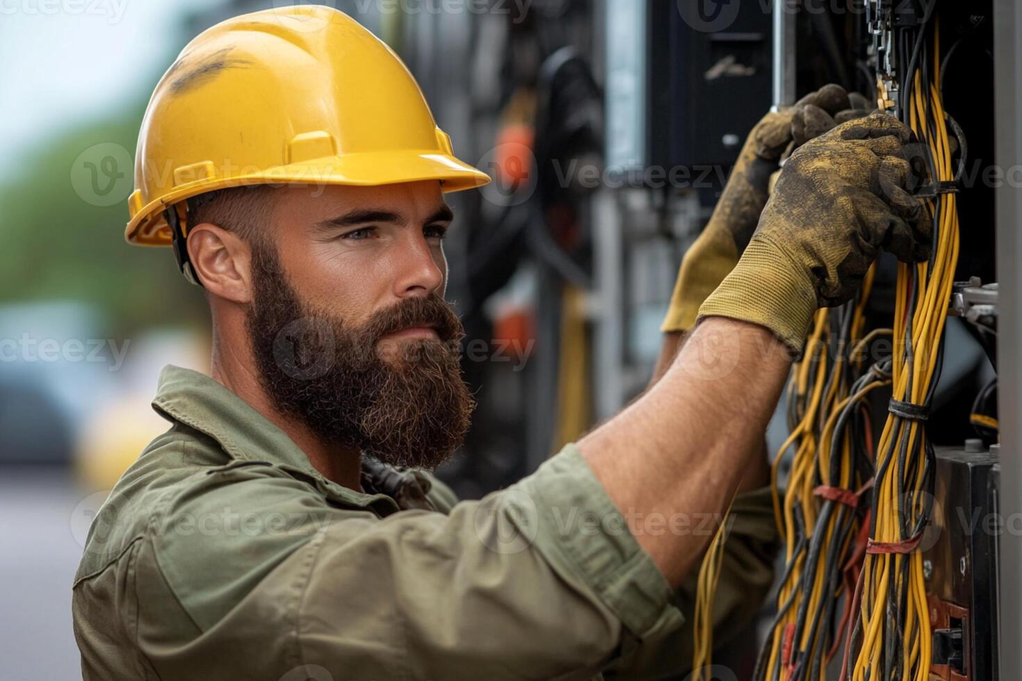 A bearded man in a hard hat and yellow helmet working on electrical equipment photo