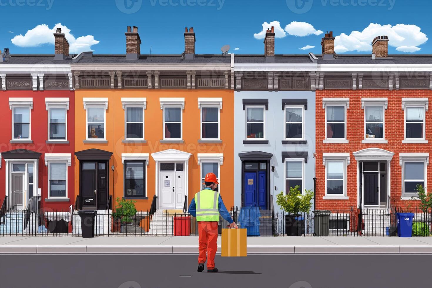 A man carrying a suitcase in front of a row of multi - colored houses photo