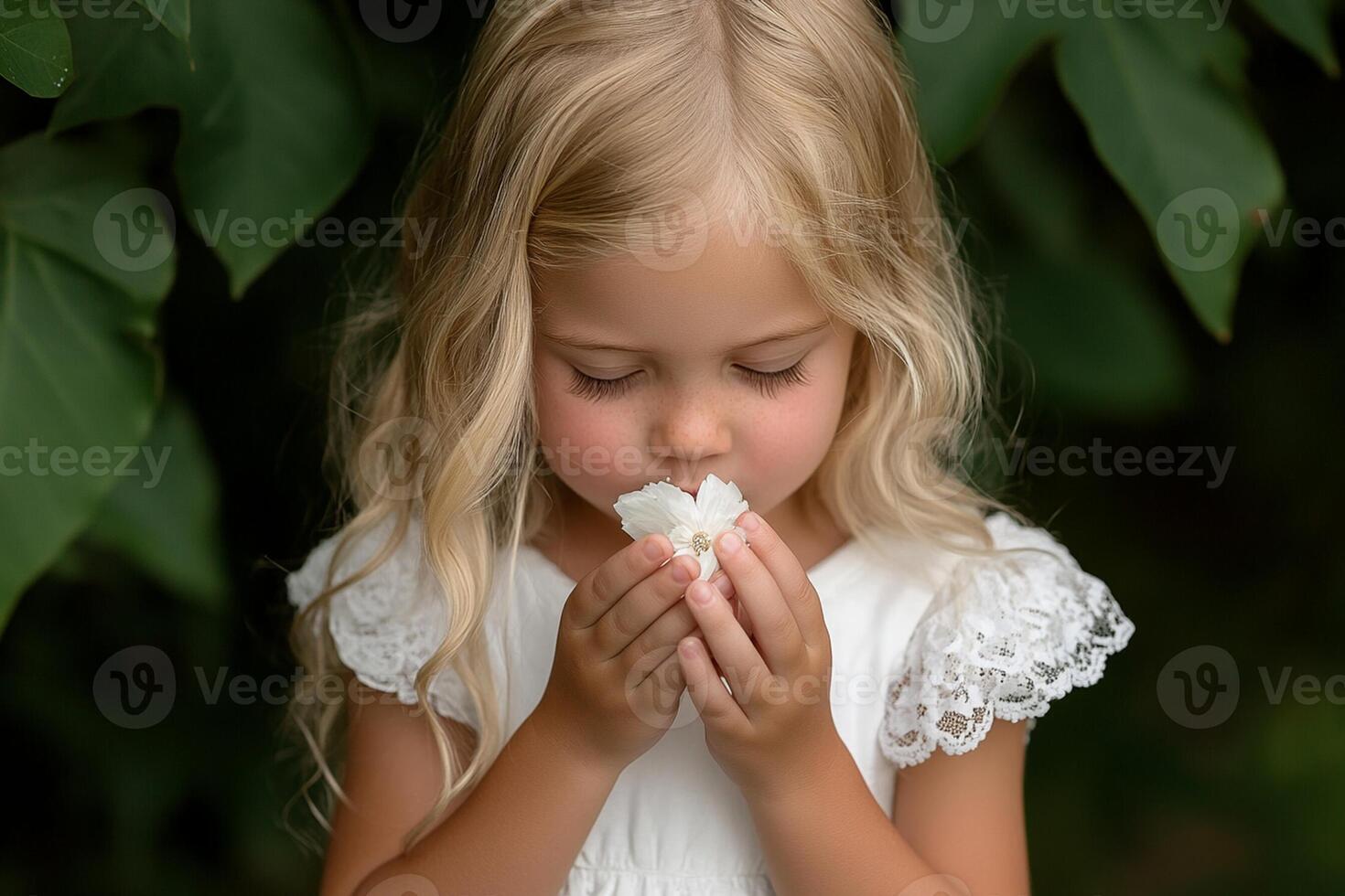 A little girl is blowing a flower photo