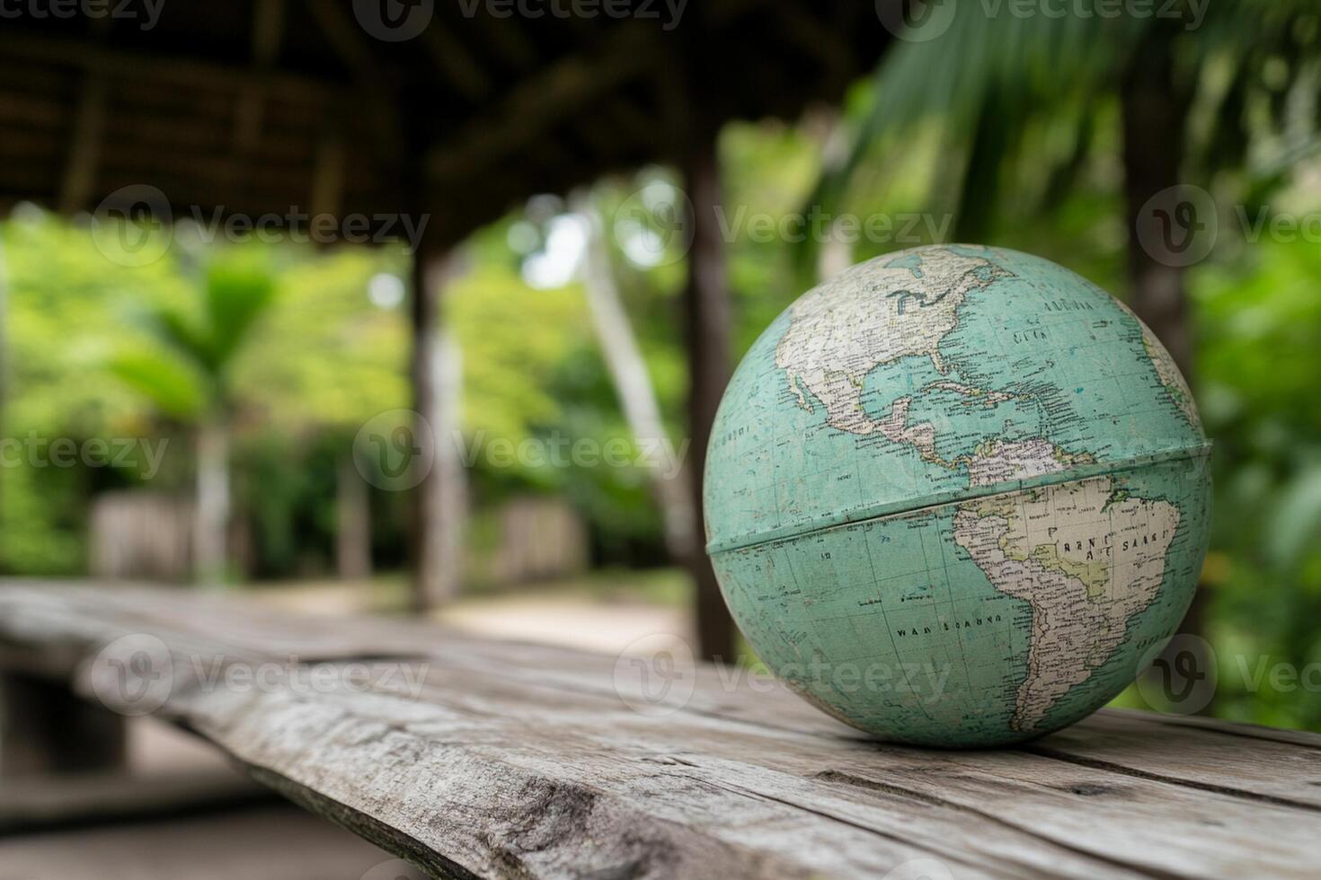 A globe on a wooden bench in the jungle photo