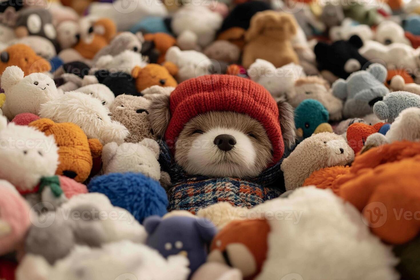 A dog wearing a red hat and surrounded by stuffed animals photo
