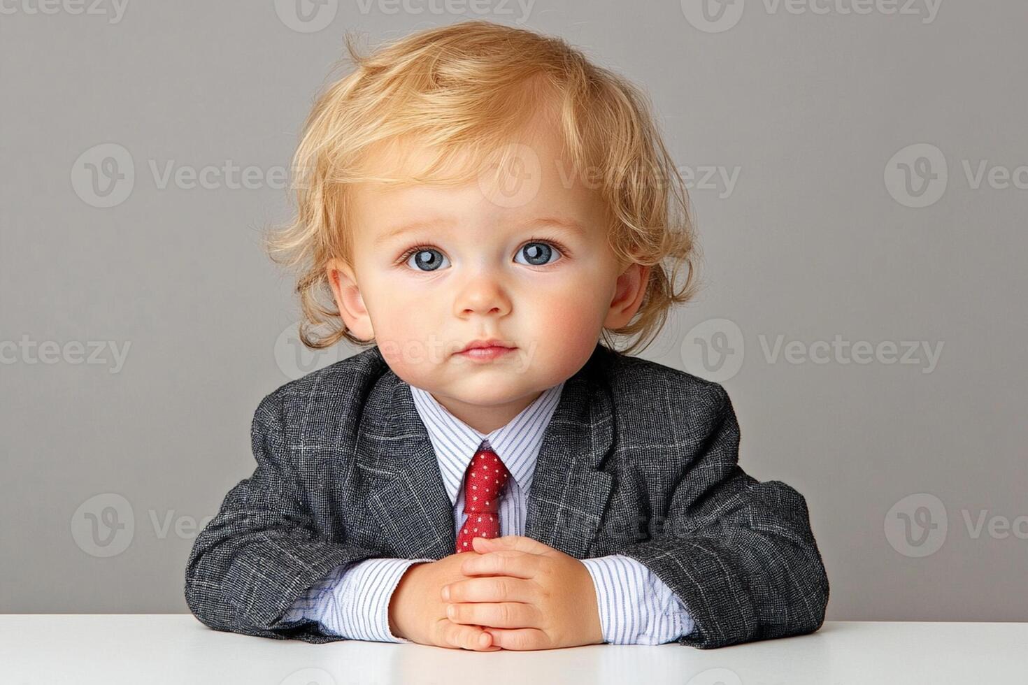 A young boy in a suit and tie sitting at a table photo