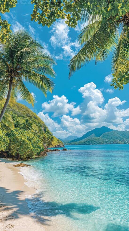 Warm sunlight illuminates a serene tropical beach with soft sand, clear turquoise water, and palm trees swaying gently in the breeze, surrounded by lush hills photo