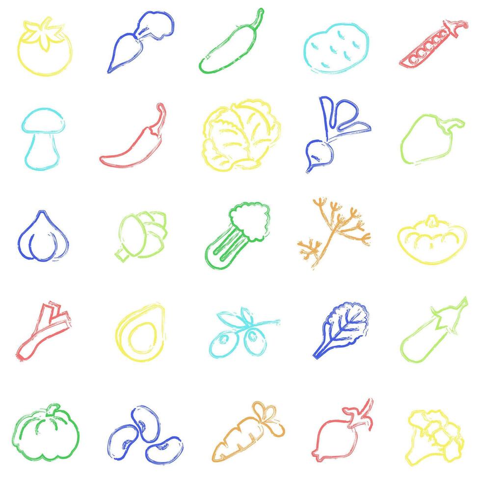 Vegetables with colored artistic strokes. Vegetable set. Thin line illustrations. vector