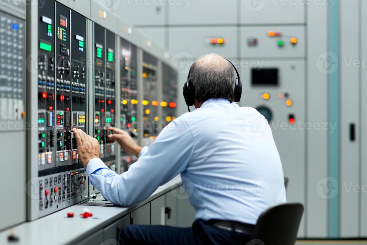A man in a white shirt and blue tie is working on a control panel photo